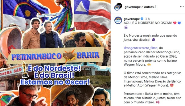 Pernambuco e Bahia unem forças para celebrar indicações de ‘O Agente Secreto’ no Oscar