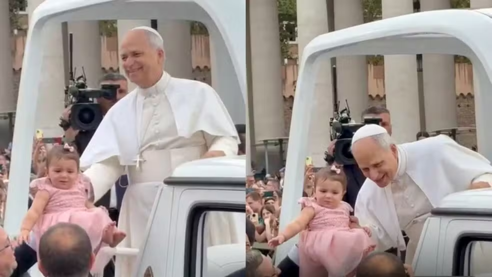 Bebê do Ceará é abençoado por Papa Leão XIV durante missa de Domingo de Ramos no Vaticano